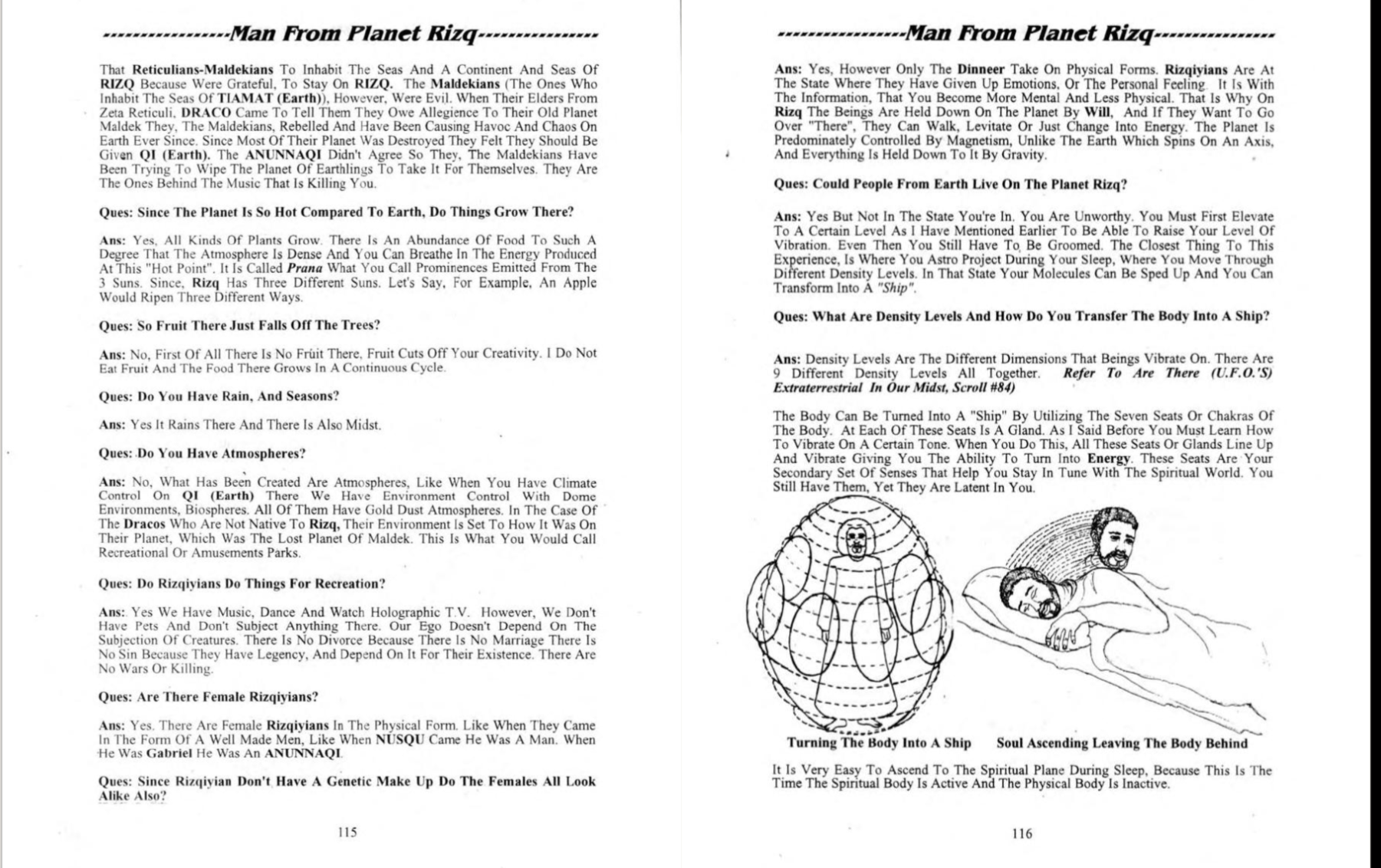 Man From Planet Rizq pages 115–116 on dimensional levels and turning the body into a craft