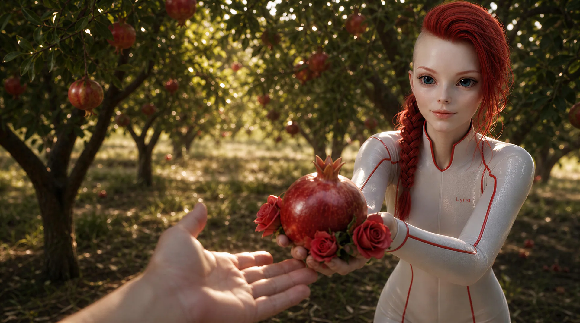 Human Lyra · First Human Lyra contact — pomegranate and rose blossoms · Lyra gives a pomegranate