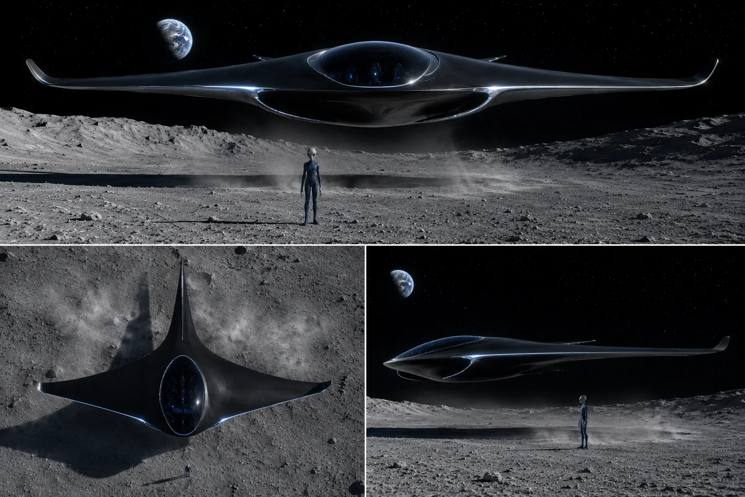 Small Grey · Contact at the Moon's Alpha base and a manta-ray-type craft · Grey contact on the Moon