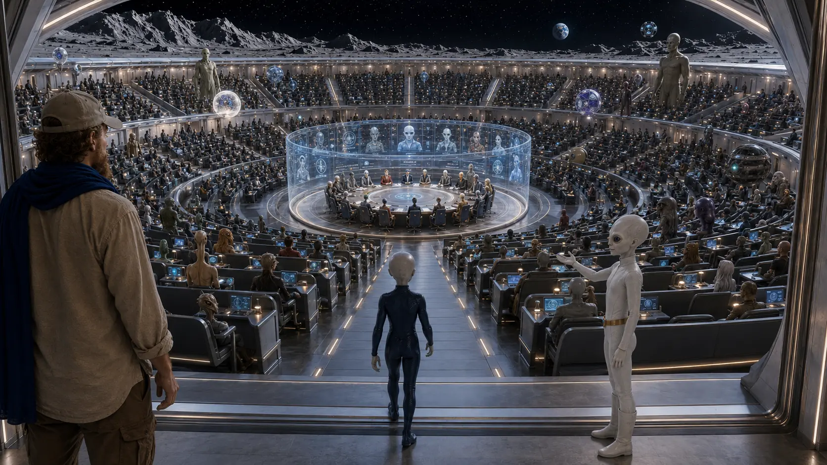 Small Grey · Contact at the Moon's Alpha base and a manta-ray-type craft · Moon Base Alpha auditorium — monthly meeting to discuss events on Earth