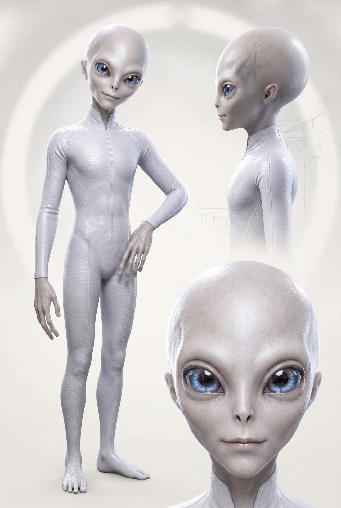 Small Grey · White Grey at a space station · Small Grey in white clothing