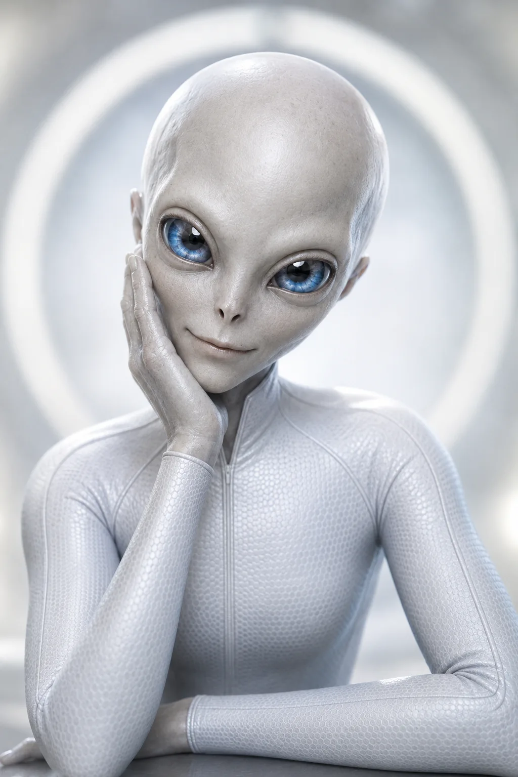 Small Grey · White Grey at a space station · Small Grey in white clothing 2 portrait