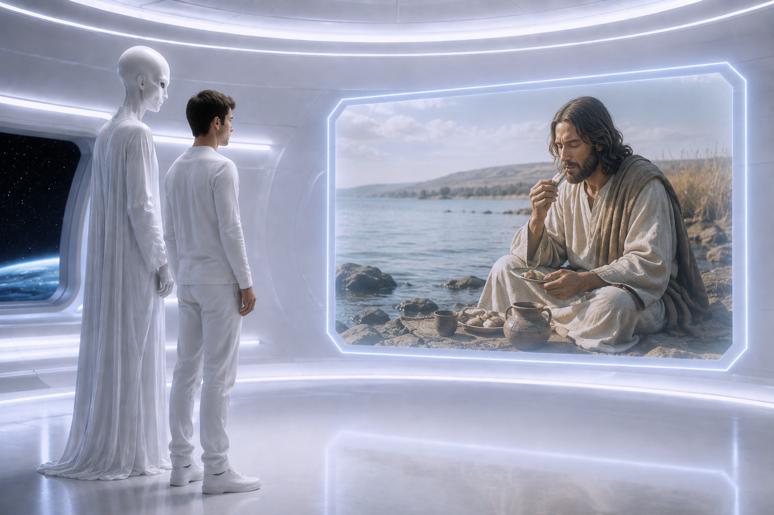 Pikk Valge ja mees vaatavad UFO hologrammilt Jeesust järve ääres kala söömas