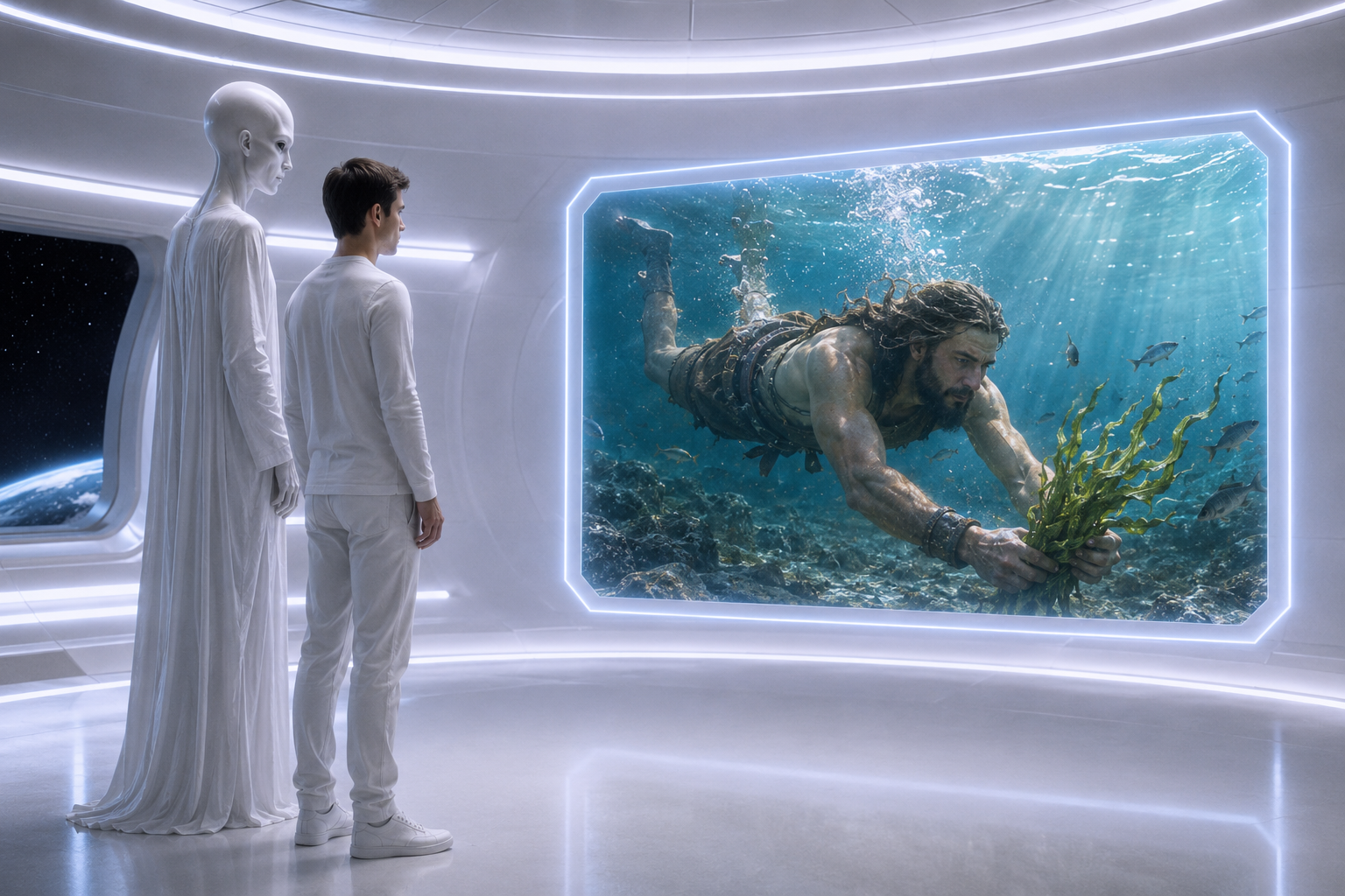 Pikk Valge ja mees vaatavad UFO hologrammilt Gilgameši merepõhjast vetikat toomas