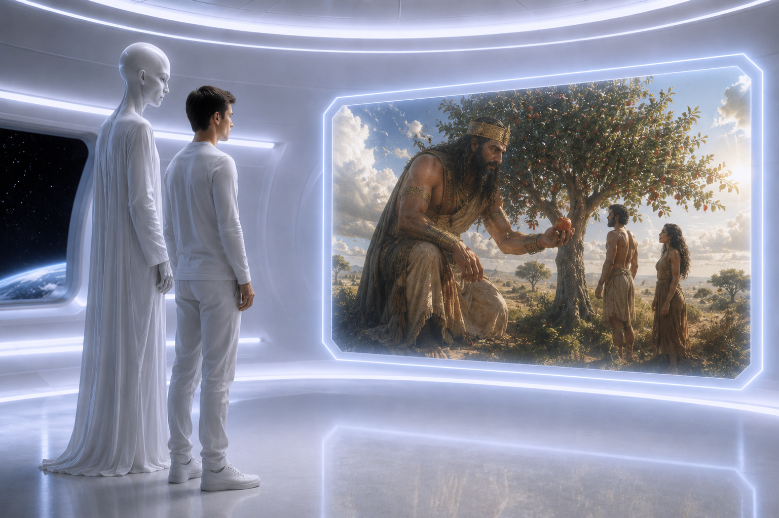 Pikk Valge ja mees vaatavad UFO hologrammilt hiiglaslikku Enkit Adapa ja Evaga puu juures