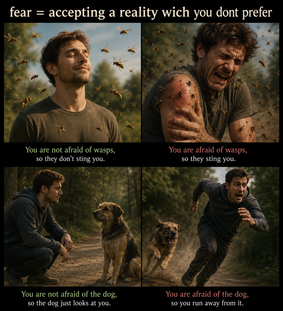 A four-panel illustration contrasts a calm and a frightened man near wasps and a dog