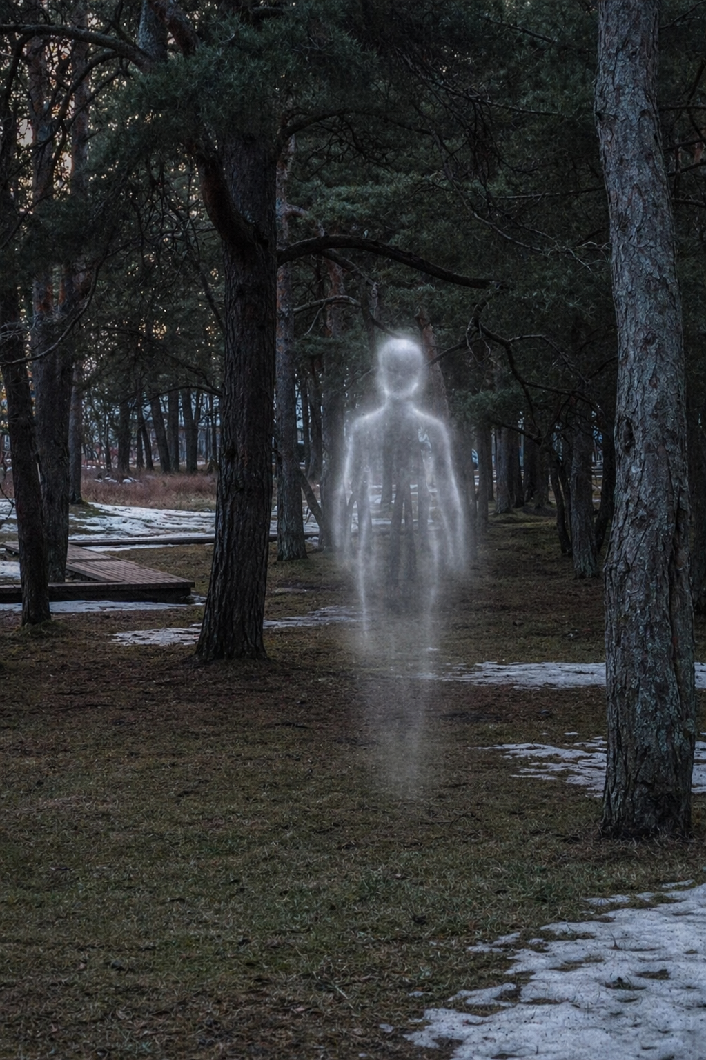 Illustration of the ghost of Männi Park: a translucent human-shaped silhouette stands among pine trees above patches of snow.