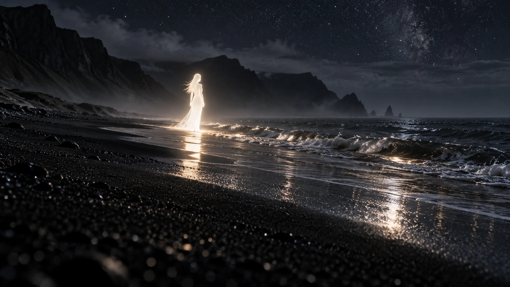 A being of light on black volcanic sand. Artistic visualisation.