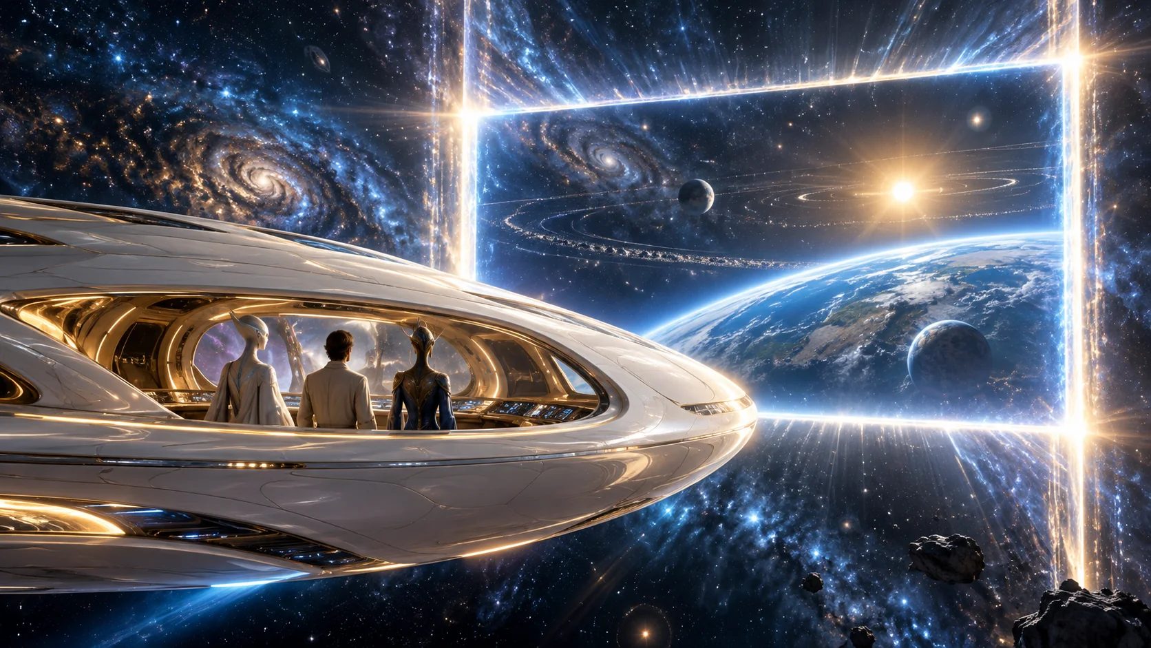 A craft travels toward a lightgate. Artistic visualisation.