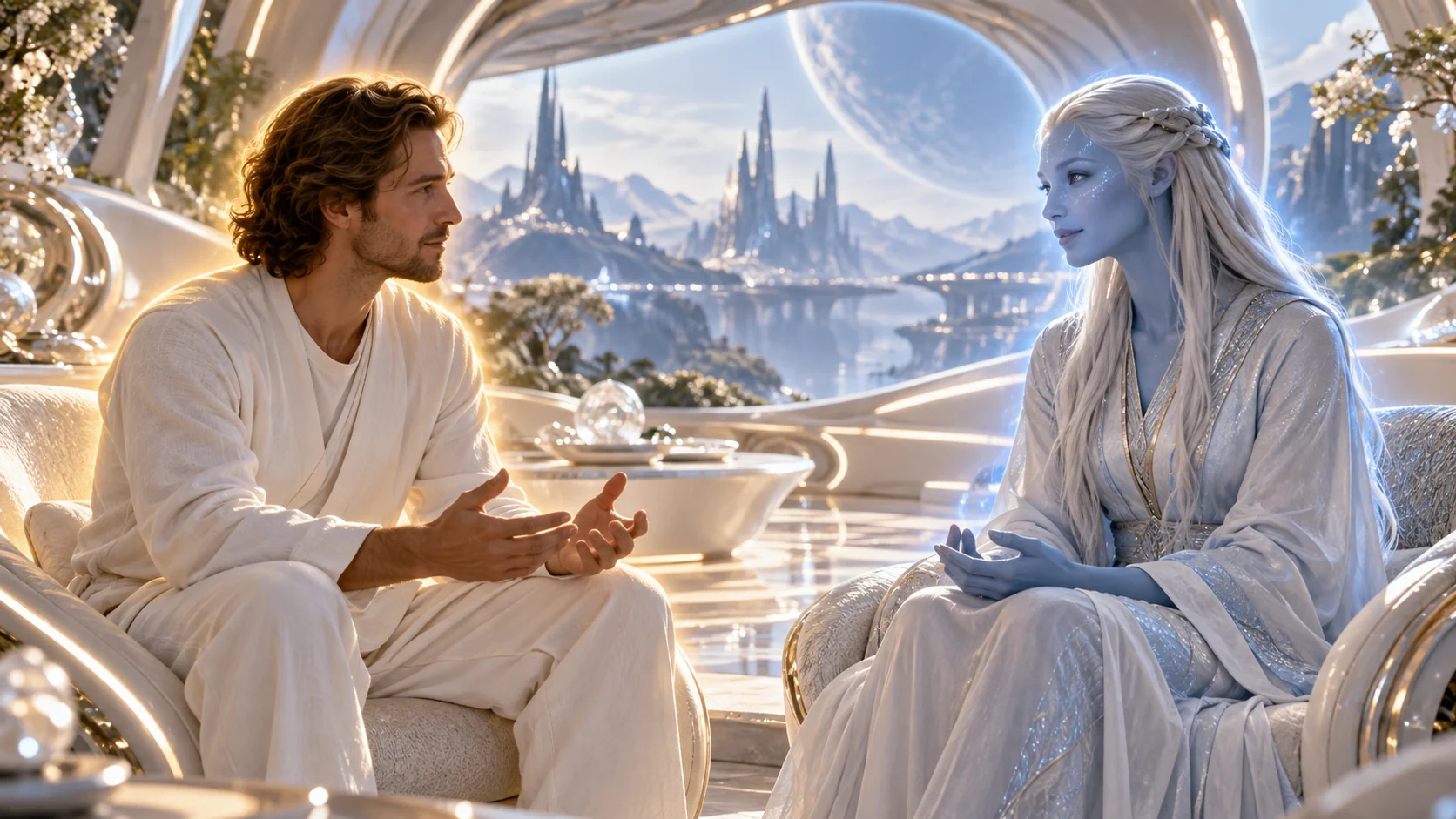 A human and a blue Pleiadian speak as equals.