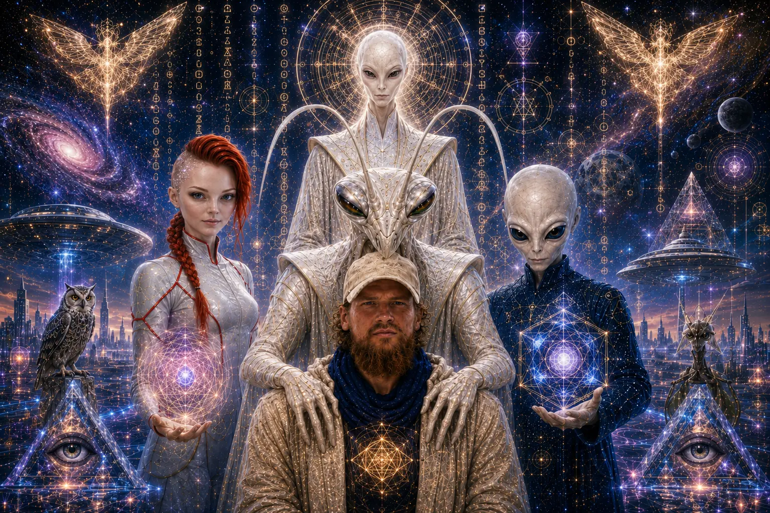 Eero Ilvik with the Human Lyra, Mantis, Tall White, and Small Grey from his contact journey