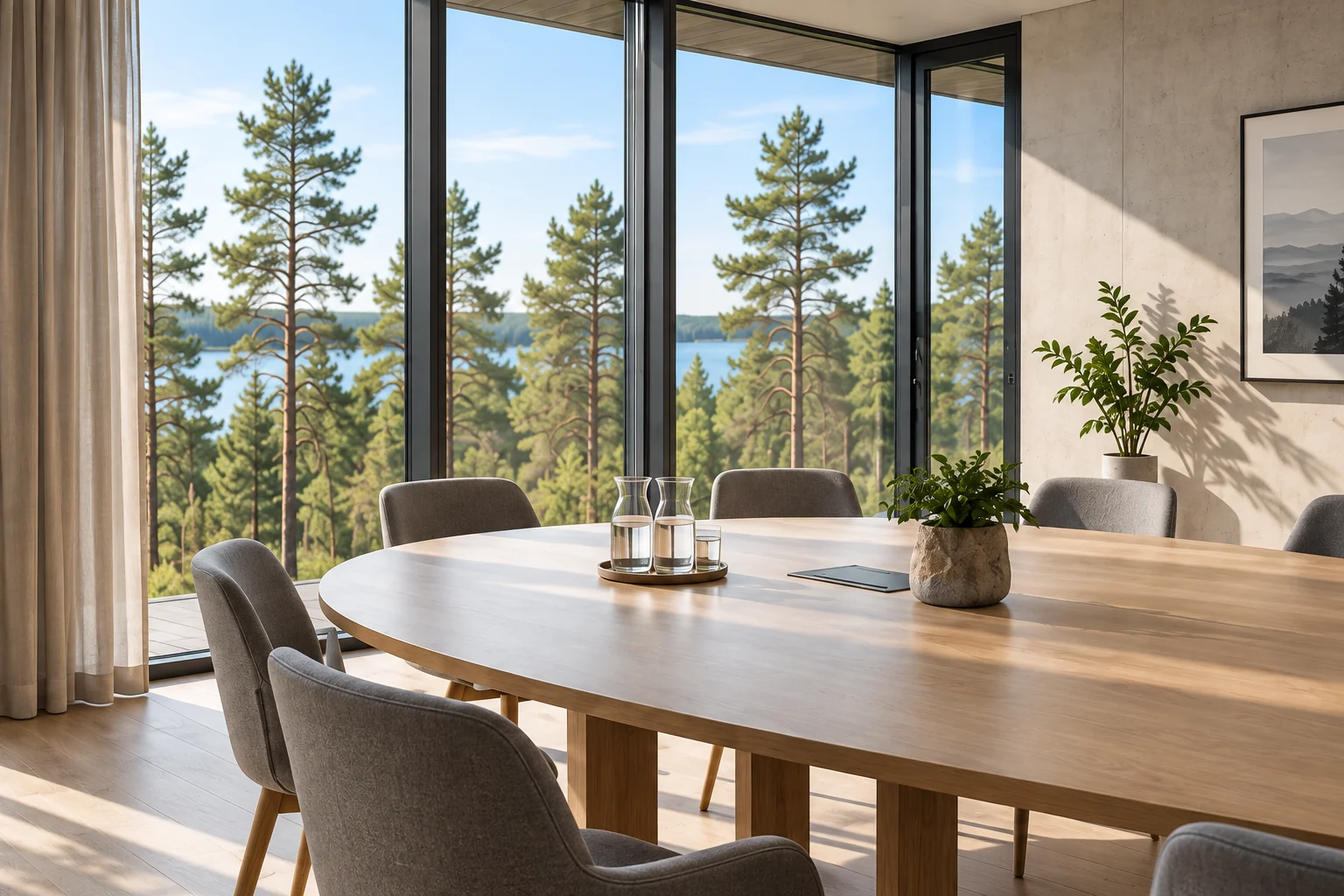 A round meeting table overlooking a pine forest and lake.