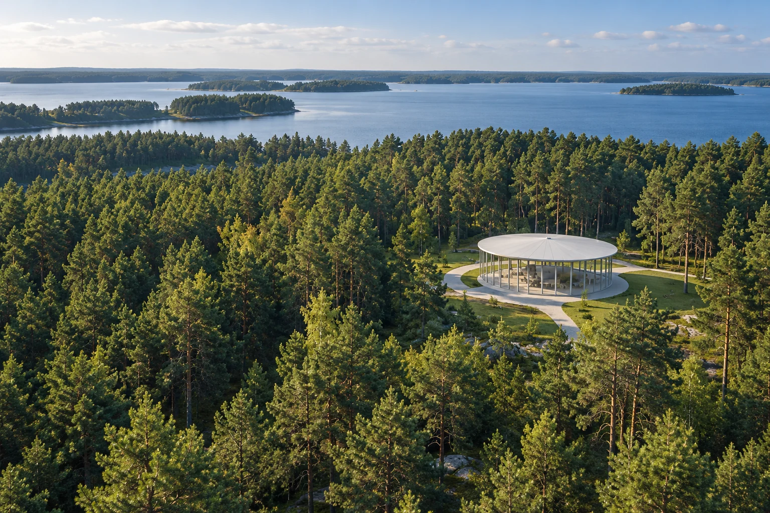 A white circular pavilion in an Estonian pine forest by a lake. Future concept.